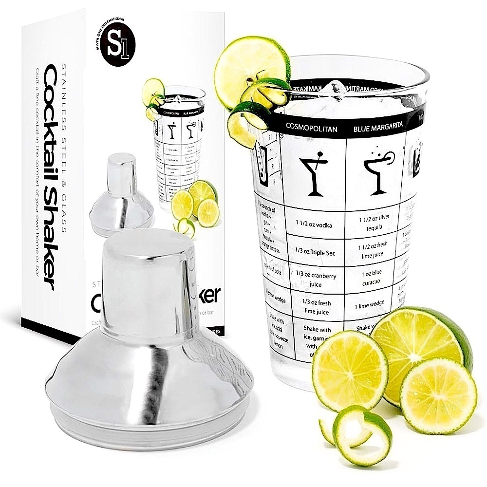 Recipe Cocktail Shaker Stainless Steel Glass Recipes on Shaker 16 OZ New NWT NIB